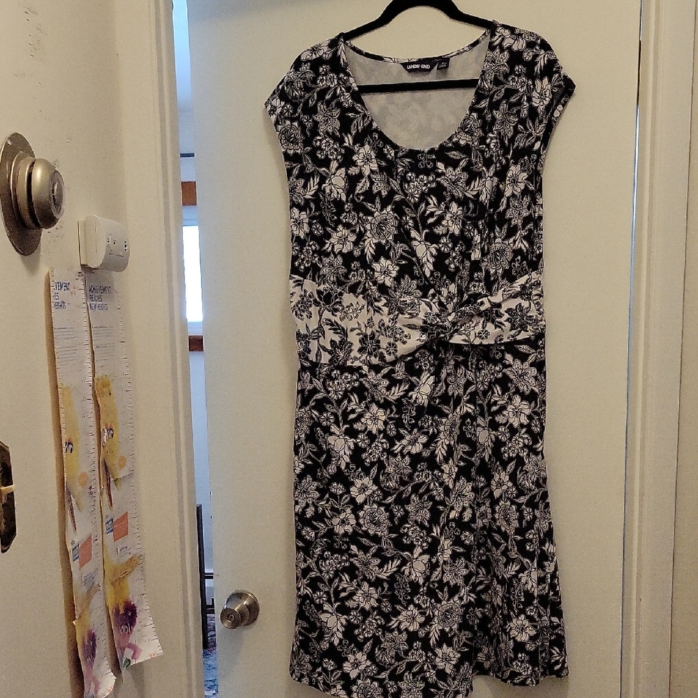 Lands' End Black and White Floral Midi Dress